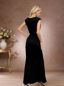 Missufe 女士黑色船领短袖荷叶边开衩鱼尾修身婚纱礼服长款晚礼服，鸡尾酒会节日优雅魅力鱼尾裙，派对礼服，婚礼宾客礼服 - 黑色 - 查看 2