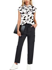 2pcs Cow Print V-Neck Crop Top & Pants Lounge Set Scrub Set - Multicolor - View 2