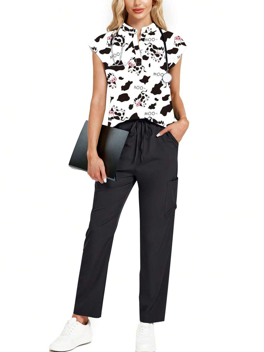 2pcs Cow Print V-Neck Crop Top & Pants Lounge Set Scrub Set