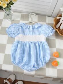 Baby Girl Cute Rabbit Embroidered Blue Plaid One-Piece Bodysuit - Blue and White - View 2