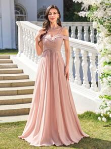UNITHORSE Robe de demoiselle d'honneur élégante avec jupe évasée à taille croisée et ourlet volant de couleur unie - Rose bonbon - Voir 7
