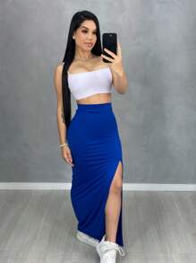 Saia Feminina Longa Longão Longuete com Fenda Grande na Frente Novidade Primavera Verão