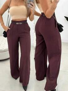 Women's Elegant Tailored Wide Leg Pants With Belt - Burgundy - View 2