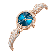 MKGO Leopard Head Bracelet Watch, Fashionably Encrusted With Diamonds, Luxurious Crystal Decoration, Gold And Silver Strap, Waterproof Ladies' Watch With Calendar And Luminous Feature. - Rose Gold Blue - View 6