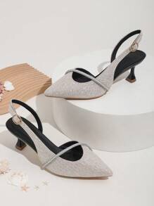 Women's Adjustable Buckle Pointed Toe Crystal Stiletto Heel Mules - Champagne - View 2