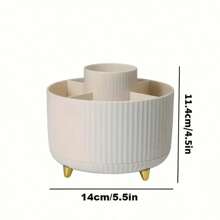 1 pieza Organizador giratorio de 360° para maquillaje - Organizador de cosméticos de plástico multifuncional con 5 compartimentos para brochas, lápices labiales, productos de cuidado de la piel y artículos de papelería - Organizador de escritorio con diseño de rayas de lujo