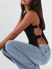 Women's Sexy Side Buckle Slim Fit Vest Top Y2K Solid Color Sleeveless Boat Neck Tank Tops Slim Fit Crop Tops Summer Going Out Tops Shirts For Party Club Streetwear - 黑色 - 查看 2