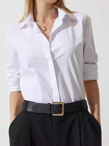 Women's Solid Color Long Sleeve Single-Breasted Blouse, Suitable For Work Commute - White - View 1