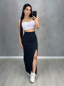 Women's Long Longuete Skirt With Large Slit In The Front New Spring Summer - 黑色 - 查看 1