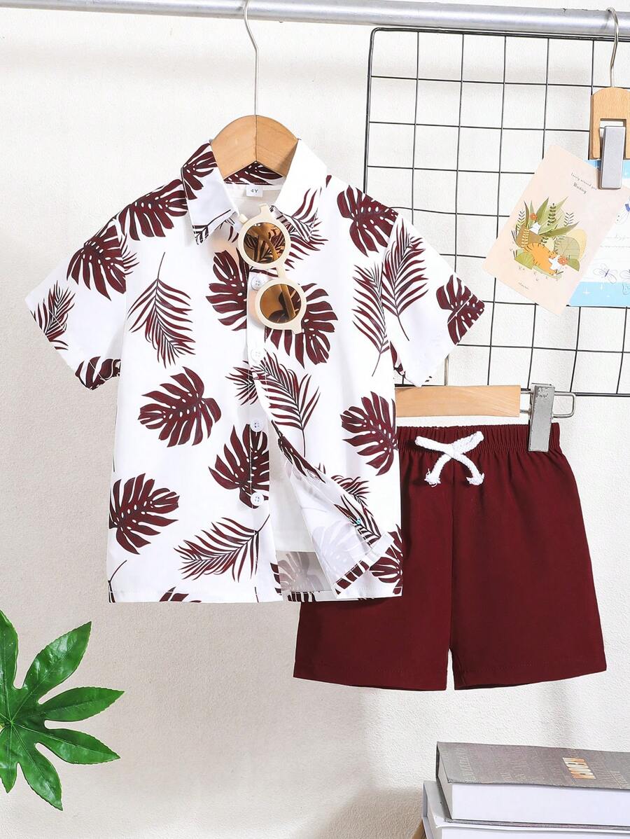 Conjunto casual de 2 piezas de niño pequeño para verano: Camisa de manga corta con estampado de hojas + Pantalones cortos, para uso al aire libre