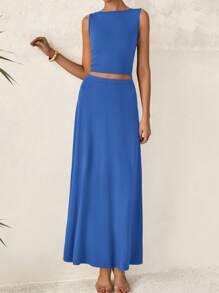 Women Summer Two Piece Skirt Set Outfits Casual Sleeveless Tank Top Elastic Waist Flowy Long Maxi Skirt Night Out Going Out Beach Resort Wear Outfits - Blue - View 5
