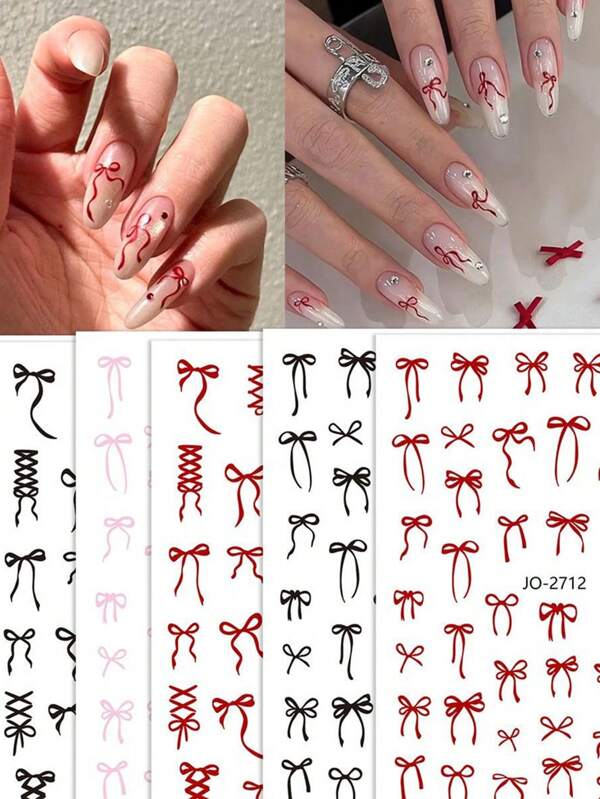 3D Black Red Pink Nail Stickers Bowknot Nail Decals Ribbon Bowknot Self Adhesive Nail Sliders DIY Manicure Decorations 1 Sheet