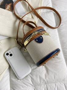 Mini bolso tipo cubo retro redondo - Contraste de color vibrante, diseño de bandolera elegante - Bolso cilíndrico versátil para un estilo moderno