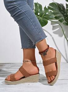 Women's Platform Slip-On Sandals With Straw Sole, Wide Width