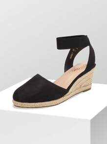 Women's Elastic Ankle Strap Espadrilles Wedge Sandals - Black - View 5