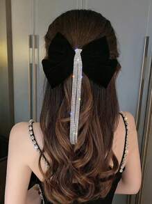 1pc Oversized Sparkling Rhinestone Tassel Velvet Bow Hair Clip, Elegant Top Clip Hairpin, Suitable For Half-Up Hairstyle, High Ponytail, Party, Wedding, Valentine's Day, Birthday - Ideal Gift