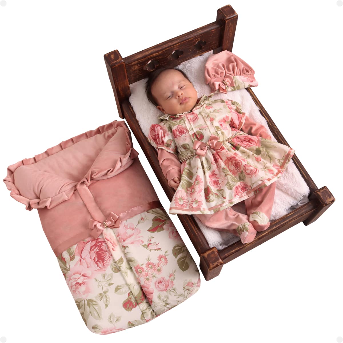 Saída Maternidade Rosa Menina Com Saco De Dormir Luxo Floral
