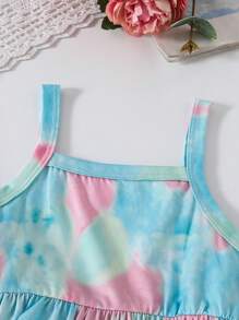 2pcs Baby Girls Cute Casual All-Over Print Elegant Spaghetti Strap Dress, Summer