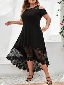 Plus Size Lace Patchwork Off Shoulder Sleeve Dress - Black - View 4