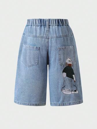 青少年男童休闲卡通图案牛仔七分短裤，2025年新款，夏季