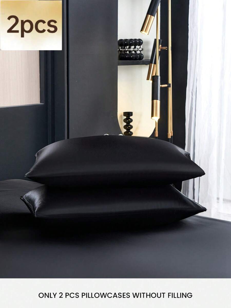 2pcs Black Luxury Satin Pillowcase, Soft & Breathable, Anti-Wrinkle, Gentle On Hair & Skin, Improve Sleep Quality. Pillowcase Only, No Filling, Silky Smooth, Ultra Soft & Breathable, Machine Washable. Ideal Gift For Family & Friends, Traveling. Envelope Closure, Cooling & Comfortable, Luxury Bedding Pillowcase, Ultra Soft Hotel Pillowcase, Fits Standard Full, Queen, King Size Beds. - Black - View 1