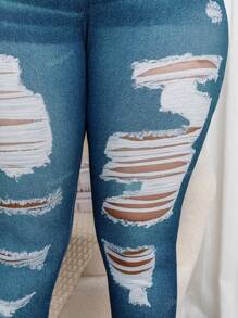 Plus Size Skinny Jeggings With Torn & Hollow Print, Street Fashion High Stretch Casual Long Pants For Women