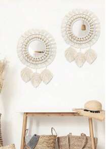 1 szt. Makrama Wiszące lustro do makijażu, Boho Style Wall Decor Round Tapestry Acrylic Mirror, Ręcznie tkane liście na krawędziach wiszące na ścianie, Dekoracja do salonu, sypialni, biura