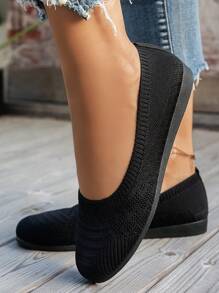 Round Toe Women Flat Shoes, Knitted Casual Ballet Flats, Breathable Summer Slip-On Loafers, Spring Comfy Versatile Flat Shoes, Bohemian Style In Black, White, Olive Green, Beige, Sky Blue, Light Blue, Khaki, Light Brown, Navy Blue, Yellow, Suitable For EU Large Size, Summer Lightweight Mesh Casual Walking Shoes, Solid Color Slouchy Shoes - Black - View 6