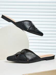 Black Closed Toe Flat Sandals, Pointed Toe Solid Color Breathable Fashion Casual Versatile Geometric Pattern Hollow-Out Woven Slip-On Slides For Women, Suitable For Spring, Summer & Autumn