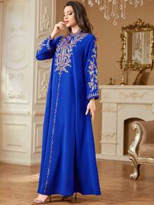 Women's Casual Spring/Summer Floral Embroidery Arabic Style Long Sleeve Dress, Modest Kaftan - Blue - View 4