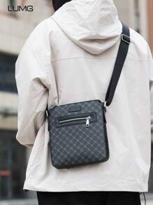 Men's Casual Geometric Pattern Square Shoulder Bag,Business Crossbody Bag Sling Bag For Father's Day Gift Mini Bag - Black - View 2