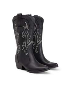 Women's Western Cowboy Boots Slip On Fashion Embroidery Pointed Toe Low Heel Chunky Outdoor Commuter Mid-Calf Black Boots - 黑與白 - 查看 5