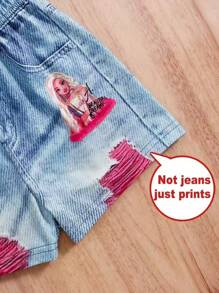 2pcs Set Celebrity Cartoon Print Girl Short Sleeve Top + 3D Graphic Shorts, Casual Holiday Summer Outfit, Suitable For Outdoor Leisure Activities