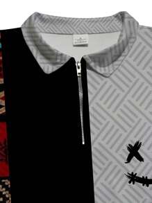 Set de 2 piezas de ropa deportiva de verano para hombre, camisa con cremallera de manga corta con estampado retro y pantalones cortos con estampado retro, estilo casual de calle para hombres