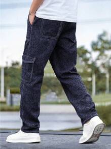1pc Teen Boys Vintage Casual Avant-Garde Minimalistic Denim Effect Multi-Pocket Cargo Pants, Suitable For Spring/Summer/Autumn/Winter - Blue - View 5
