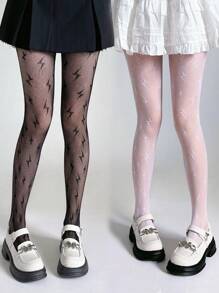 1 pieza Medias de rejilla con diseño de rayo para mujeres, pantis de malla jacquard fina, de cuadrícula hueca y transpirable, estilo ajustado sexy y oscuro, adecuado para primavera y otoño