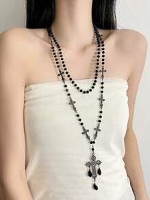 ROMWE 1pc Gothic Style Ascension Day Cross Beaded Tassel Necklace, Black Resin Metal Material Personalized, Suitable For Women Party & Everyday Wear - Black - View 3