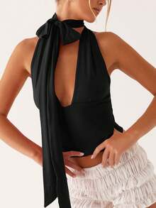 Women Summer Lace Up Backless Halter Crop Tanks Elegant Sexy Party Tops - Black - View 4