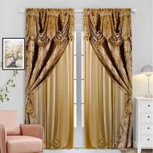2pcs Luxury Golden Palace Style 3D Digital Print, Suitable For Bedroom, Living Room, Home And Room Decor (Rods Not Included)