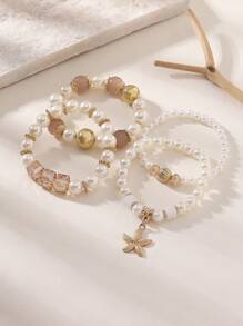 4件套优雅时尚仿珍珠玻璃珠海星叠层手链套装，适合女性波西米亚风度假休闲佩戴，母亲节礼物
