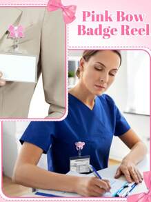 1PC/5Pcs Pink Bow Badge Reel For ID Card Badge Retractable Badge Holder Cute Name Holders Clip For Medical Worker Nursing Student, School Supplies,Back To School
