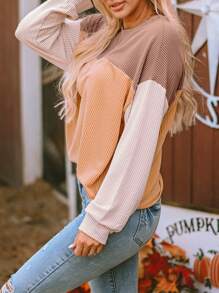 Contrast Color Drop Shoulder Long Sleeve Knit Crew Neck Top - Khaki - View 7