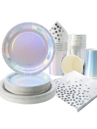 1 Set Laser Silver Disposable Party Tableware, Including Laser Silver Plates, Cups And Napkins, Suitable For Anniversary, Graduation, Birthday Party Decoration, Laser Silver Party Supplies