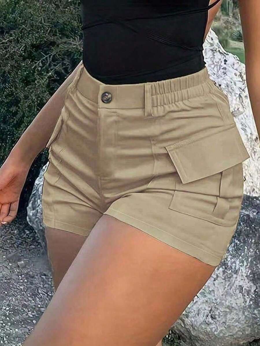 Quần short Cargo cạp cao màu trơn cho nữ, quần thể thao ngoài trời đi biển thường ngày có túi 3D, thích hợp cho mùa hè