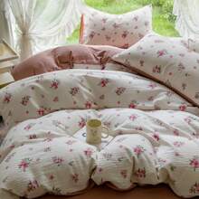 4 pièces Set de couette à fleurs ditsy fraîches - en polyester respirant, convient pour toutes les saisons, lavable en machine, fermeture éclair, comprend 1 couette, 1 drap plat, 2 taies d'oreiller - sans rembourrage, sans couette ni inserts d'oreillers, décoration de chambre, literie pour couple, lavable en machine