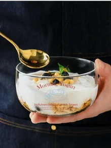 1pc 350ml Original Homemade French Glass Yogurt Bowl With Retro Illustrations, High Borosilicate Heat-Resistant Fruit Bowl, Salad Bowl, Cute,School Supplies