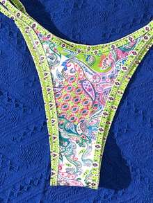 女士印花沙滩吊带比基尼套装，夏季