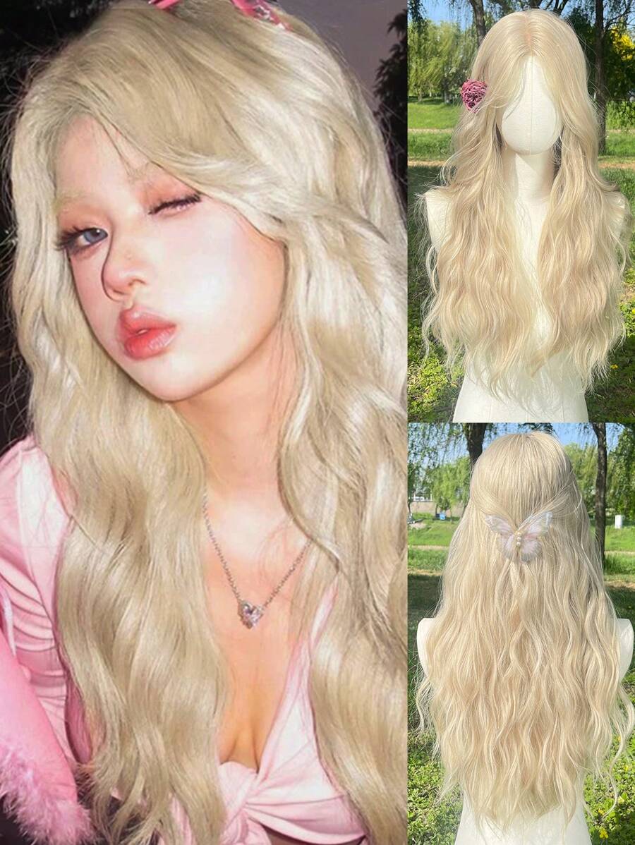 1 Stück hitzeresistente synthetische Haarperücke mit Wasserwellen, mittelgescheitelt, geeignet für Partys und den täglichen Gebrauch, mit natürlicher, glatter, weicher und realistischer Textur (Zubehör nicht enthalten)