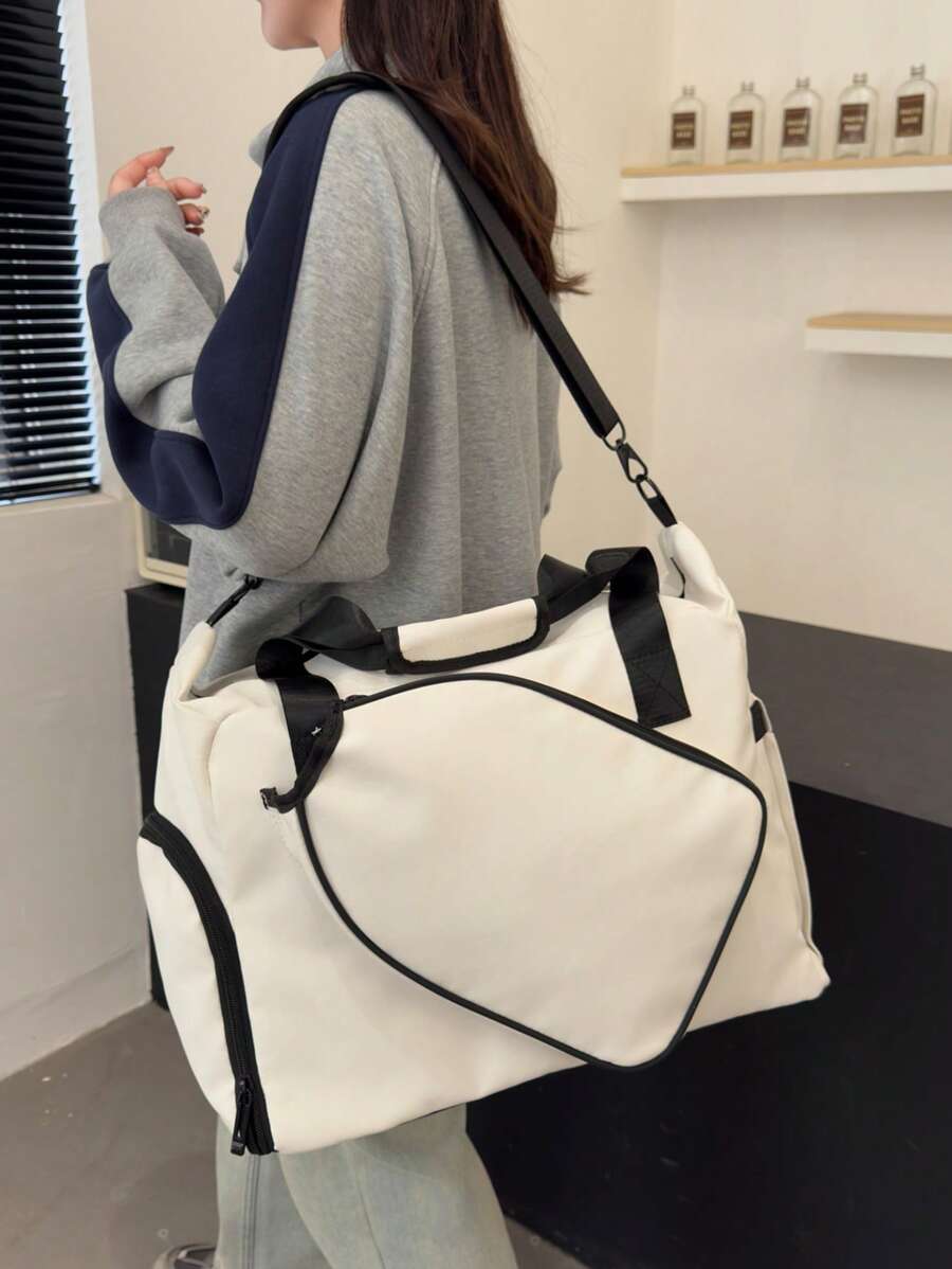 1pc Contrast Color Waterproof Soft Material Fashion Outdoor Fitness Bag, Sports Bag, Large Capacity Lightweight Tennis Bag, Multi-Function Lightweight Dry-Wet Separation Shoe Bag, Handbag Shoulder Bag For Short Trip, Business Travel, Suitable For Travel, Business Trip And Daily Fitness - White - View 1