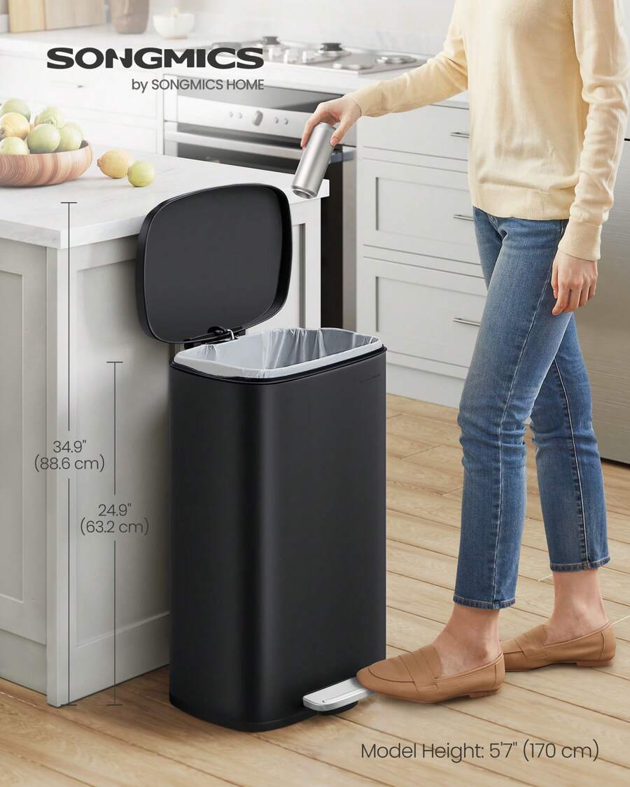 SONGMICS 13 Gallon (50 L) Trash Can, Stainless Steel Kitchen Garbage Can, Recycling Or Waste Bin, Soft Close, Step-On Pedal, Removable Inner Bucket, White - 黑色 - 查看 1